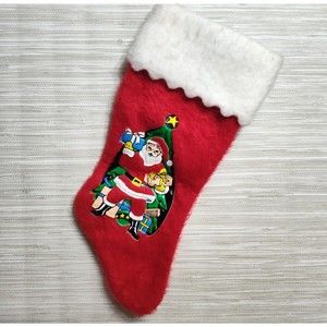 Santa & Tree Christmas Stocking Puffy Plastic Vinyl 2D MCM Scallop Trim Red